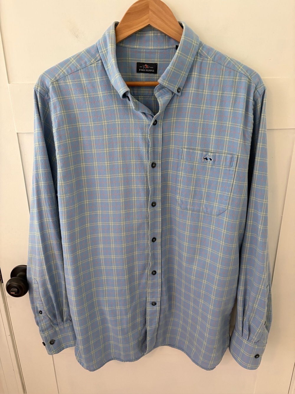 Fish Hippie Cotton Flannel Plaid Shirt. Size Large.